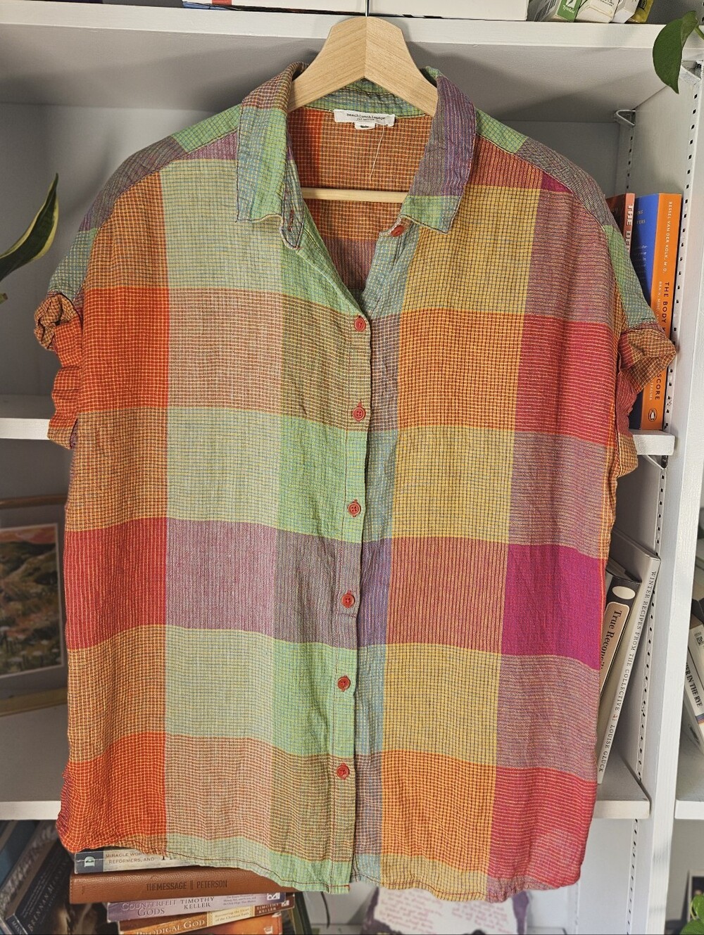 beachlunchlounge Plaid Short Sleeve Linen Blend Button-Up Shirt Medium Summer